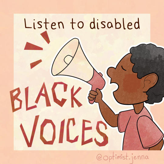 drawing of a black person speaking into a megaphone with the words listen to disabled black voices