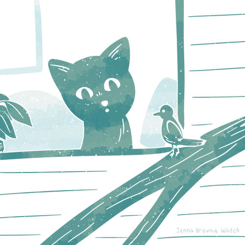 Inktober drawing of a cat watching a bird out the window in fascination